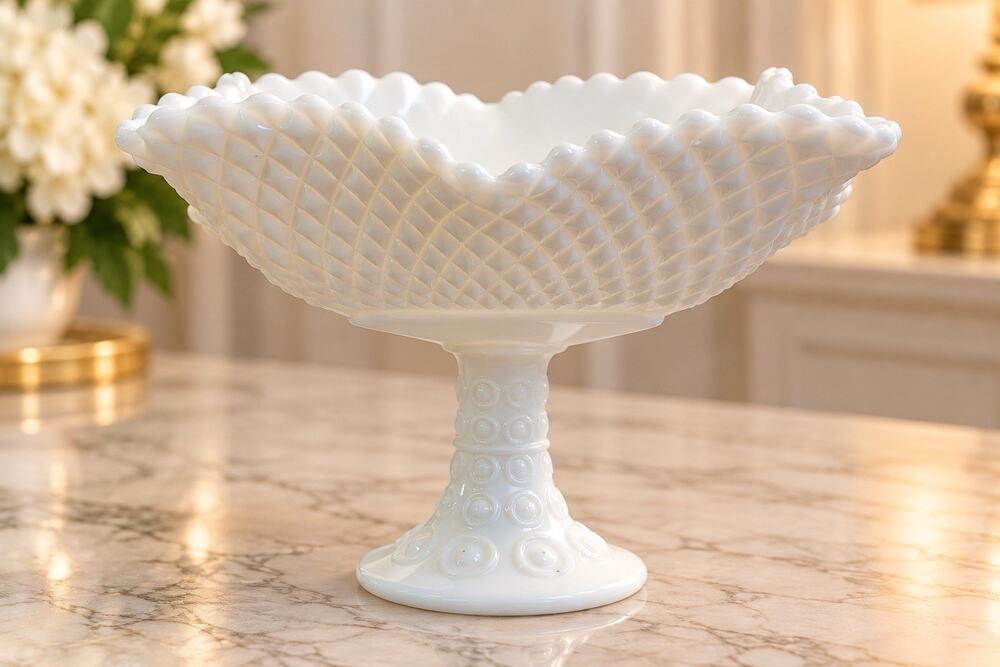 Vintage L.E. Smith Style Milk Glass Pedestal Compote Diamond Pattern 7”